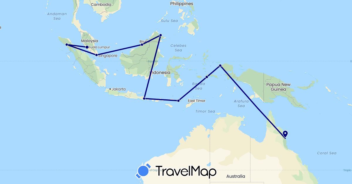 TravelMap itinerary: driving in Australia, Indonesia, Malaysia, Singapore (Asia, Oceania)